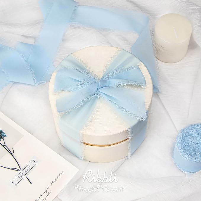 Ribbli Baby Blue Chiffon Ribbon 1-1/2 inch x 20 Yard Handmade Fringe Chiffon - Image 5