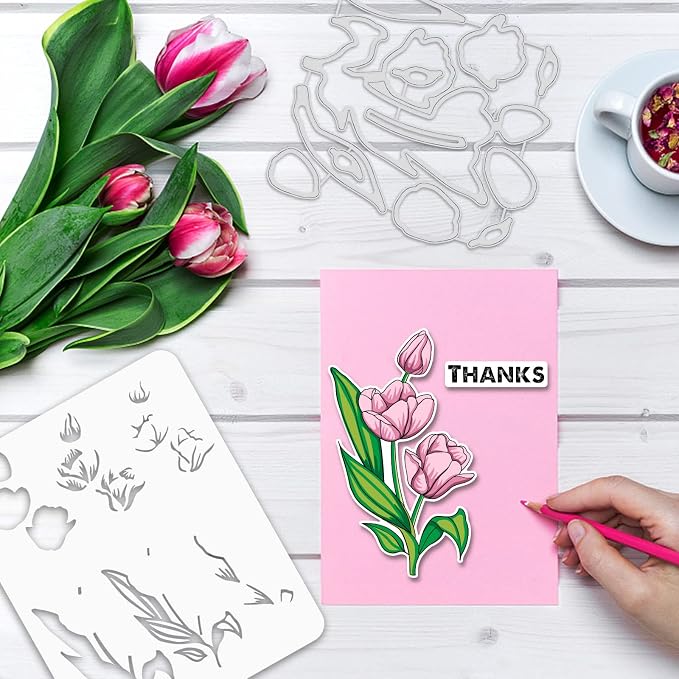 ORIGACH Realistic Tulips Stamps and Die and Layering Coloring Stencil Bundle - Image 5
