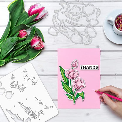 ORIGACH Realistic Tulips Stamps and Die and Layering Coloring Stencil Bundle - Image 5