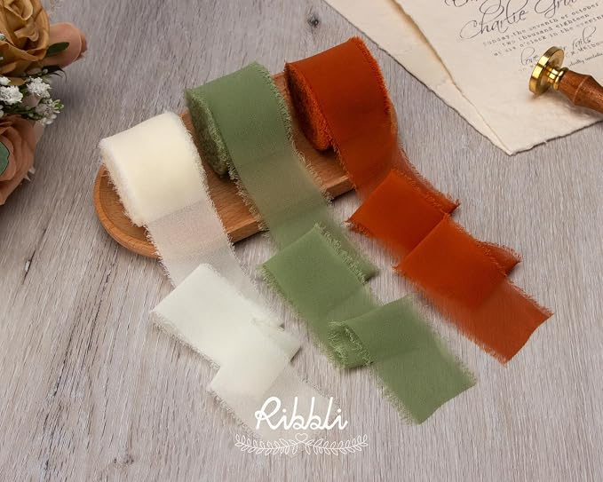 Ribbli Fall Ribbon 1.5 inch x 30 Yard Handmade Silk, Ivory/Dusty - Image 6