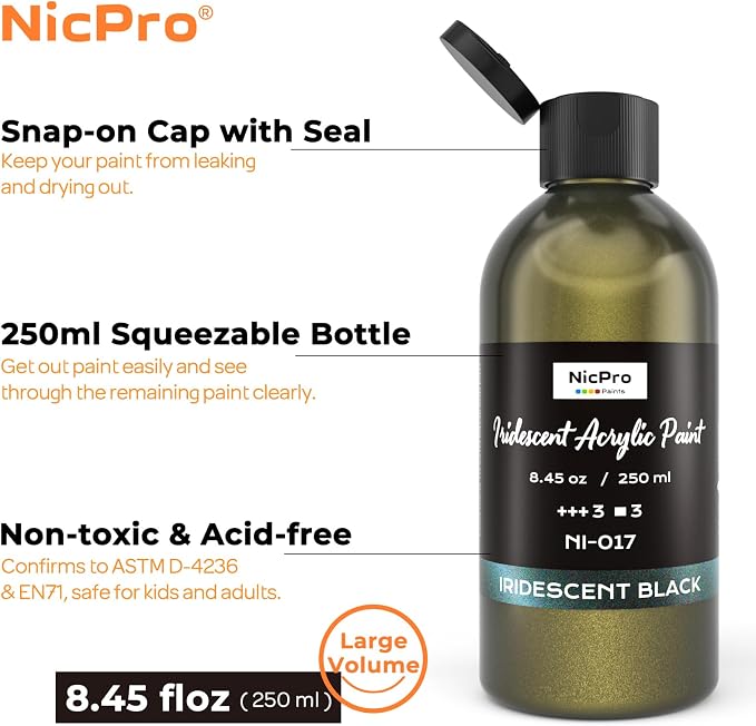 Nicpro Iridescent Black Acrylic Paint, 8.45oz / 250ml Large Bottle Black - Image 2