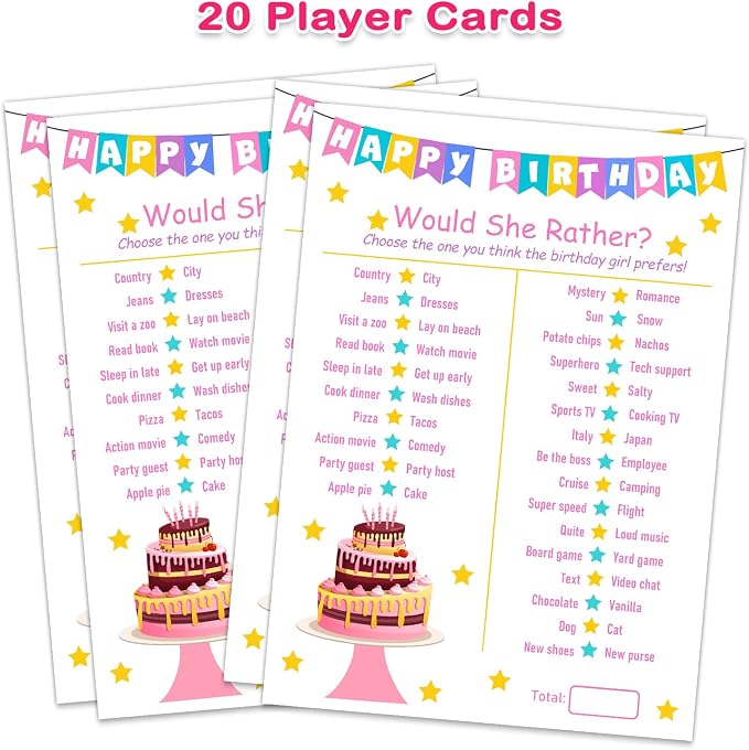 Birthday Girl Party Game-Would She Rather-20 Birthday Game Card Set- Girl - Image 2
