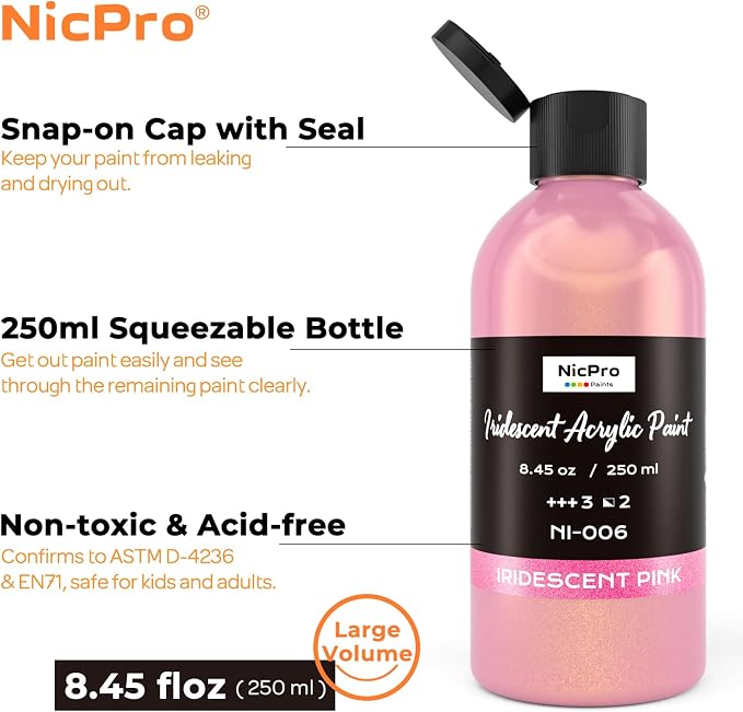 Nicpro Iridescent Pink Acrylic Paint, 8.45oz / 250ml Large Bottle Pink Metallic - Image 2