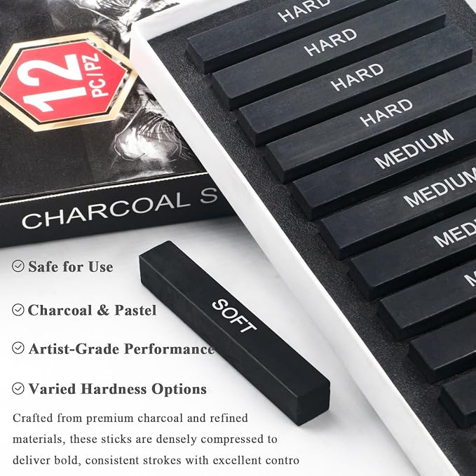 Compressed Charcoal Sticks Set of 12 – Soft, Hard Charcoal - Image 4