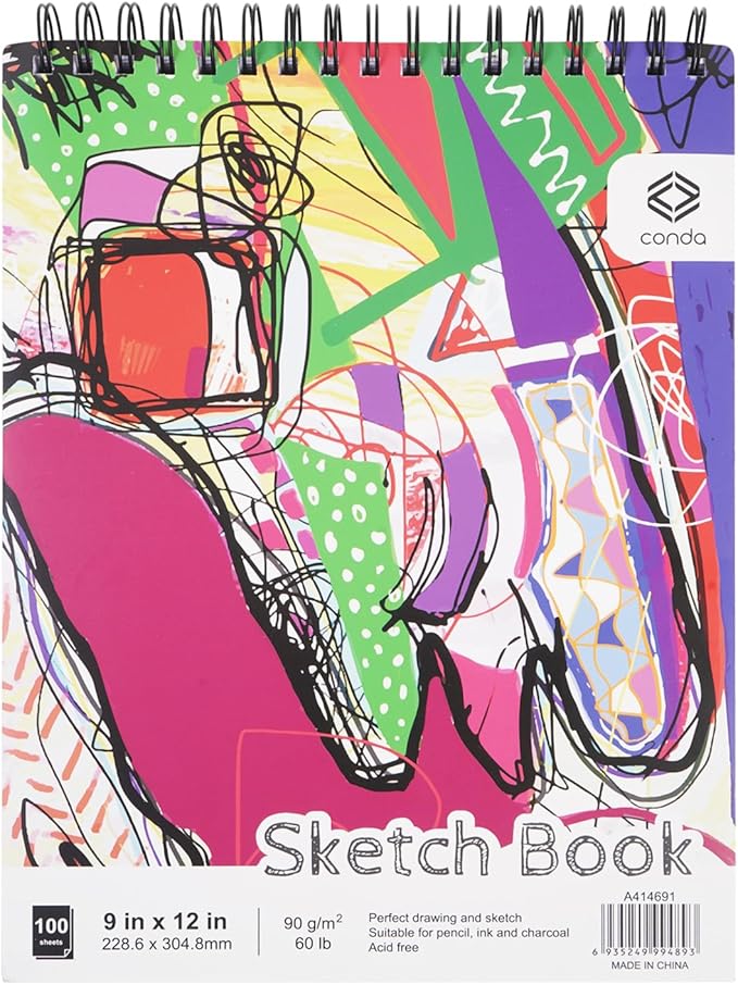CONDA 9 x 12 Inch Sketchbook, Top Spiral Bound Sketch Pad, 100 Sheets, Durable by CONDA