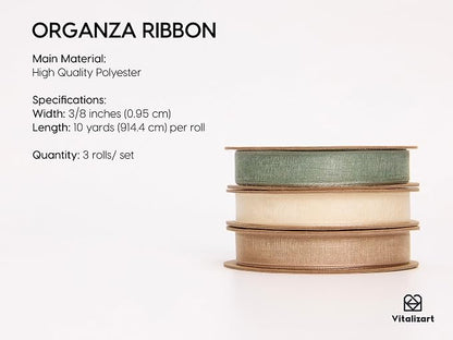 Vitalizart Organza Ribbon 3/8" x 30 Yd Cream White Rose Gold & Dusty Green - Image 2