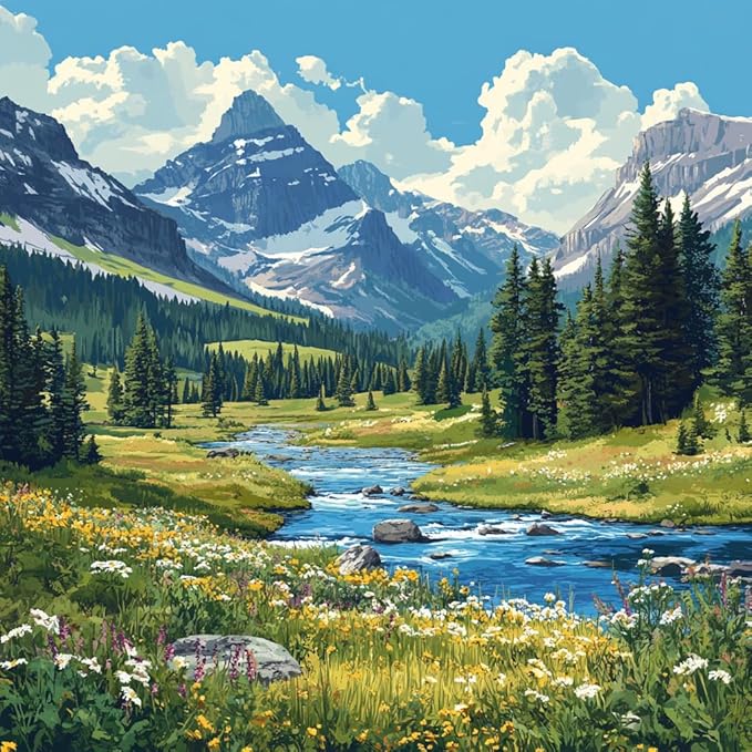 14ct Counted Cross Stitch Kits for Adults Mountains River Flowers Printed by Moohue