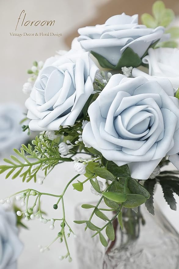 Floroom Artificial Flowers 50pcs Real Looking Powder Blue Foam Fake Roses - Image 3