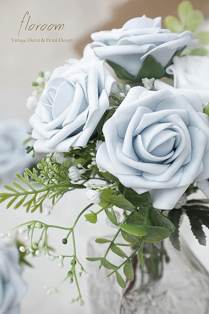 Floroom Artificial Flowers 25pcs Real Looking Powder Blue Foam Fake Roses - Image 3