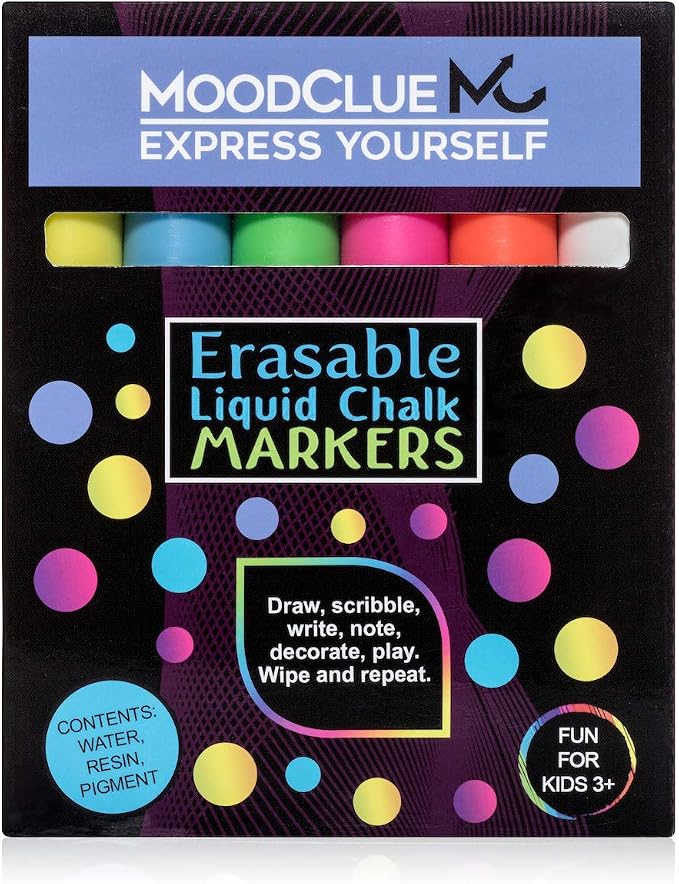 Liquid chalk markers erasable. 6 neon dry & wet erase marker pens by MoodClue