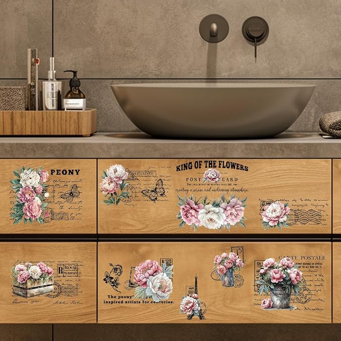 GLOBLELAND 3 Sheets Vintage Pink Peony Background Furniture Transfer 6x12inch - Image 7