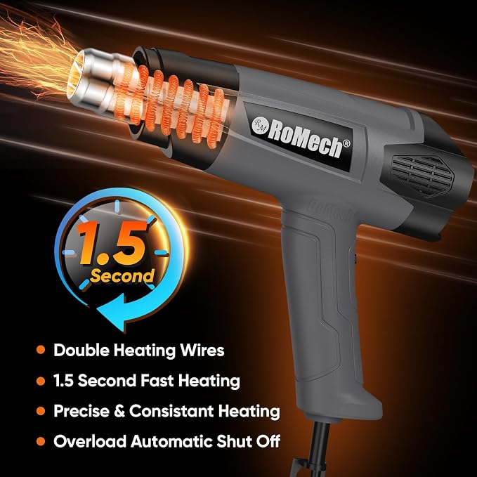 ROMECH 1500W Heavy Duty Heat Gun, Variable Temperature Control Hot Air Gun Kit - Image 3