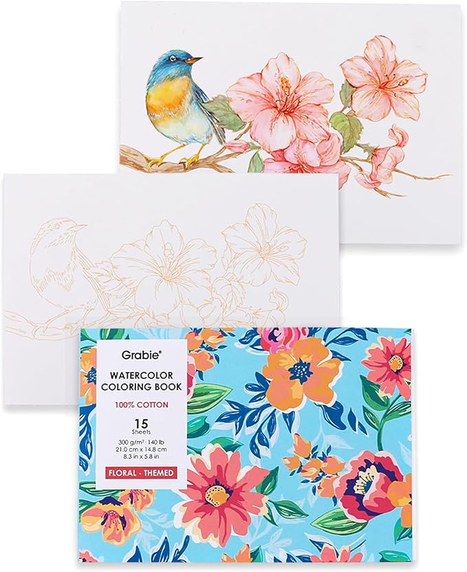 Grabie Watercolor Coloring Book, 15 Sheets Art Pad A5, Cotton Watercolor Book by Grabie