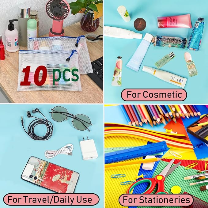 AUSTARK 10 Pcs Zipper File Bags, Waterproof Plastic Mesh Pouch - Image 6