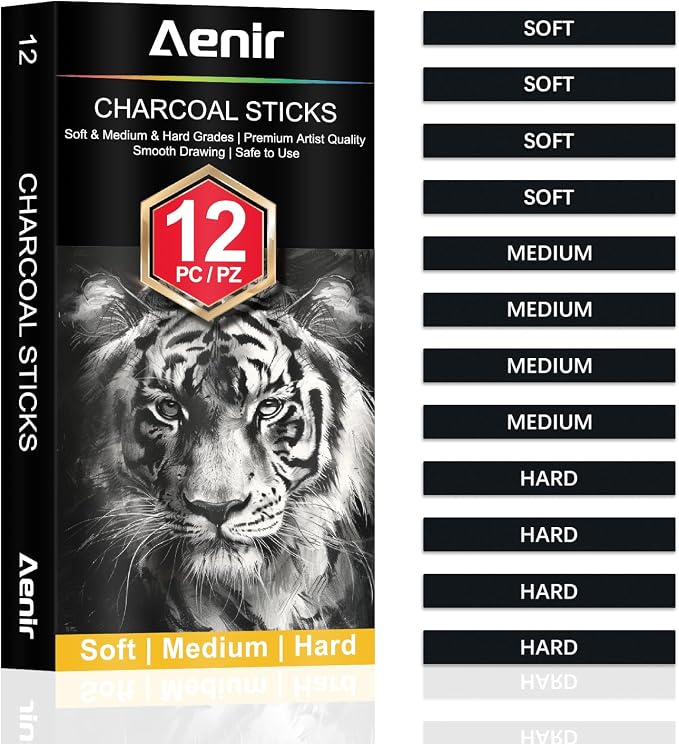 Compressed Charcoal Sticks Set of 12 – Soft, Hard Charcoal - Image 2