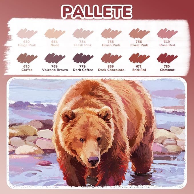 Guangna 12 Red Brown Dual Tip Acrylic Paint Markers, Brush Tip & Chisel Tip - Image 3