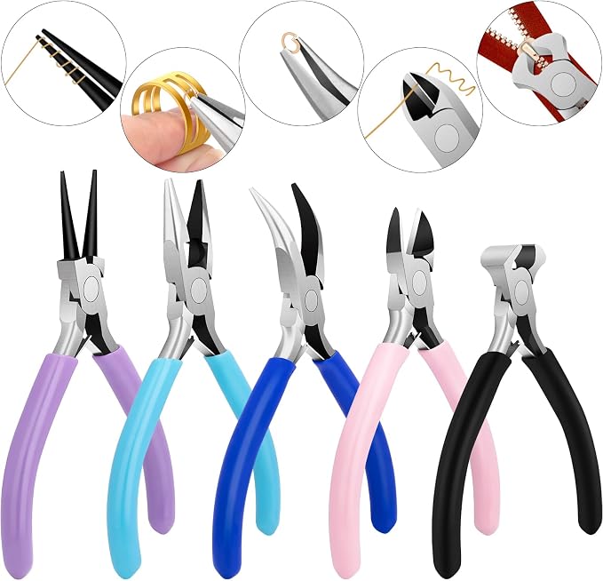 5 Pack Jewelry Pliers Tool Set, Includes Round, Bent & Zipper Pliers - Image 4