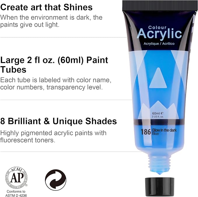AUREUO Glow in the Dark Acrylic Paint, 8 Colors x 2 Fl Oz / 60ml Neon UV Black - Image 5