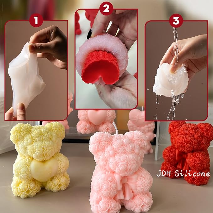 Bowtie Rose Bear Candle Mold 3D Teddy Bear Silicone Mold - Image 7