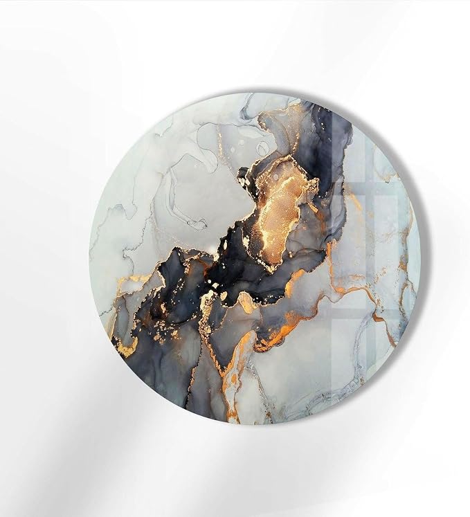 My Photostation.com 31.5'' Diameter Gold Details Gray Marble Round Glass Wall - Image 2