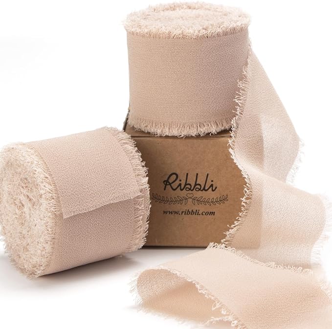Ribbli Beige Chiffon Ribbon 1-1/2 inch x 20 Yard Handmade Fringe Silk Ribbon by Ribbli