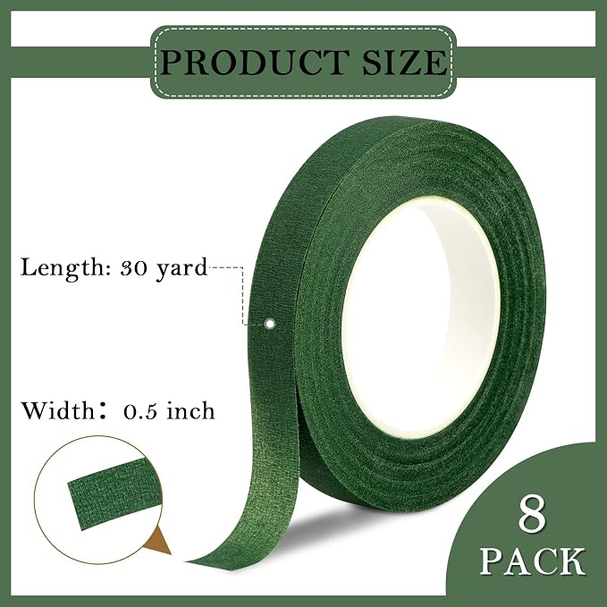 8 Rolls Floral Tape, 1/2" Wide Flower Tape, Dark Green Floral Tape - Image 2