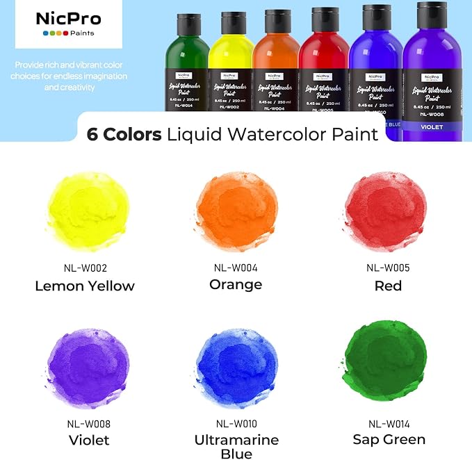 Nicpro 6 Colors Liquid Watercolor Paint Set, 8.45oz Large Bottle Liquid - Image 2