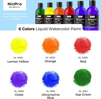Nicpro 6 Colors Liquid Watercolor Paint Set, 8.45oz Large Bottle Liquid - Image 2
