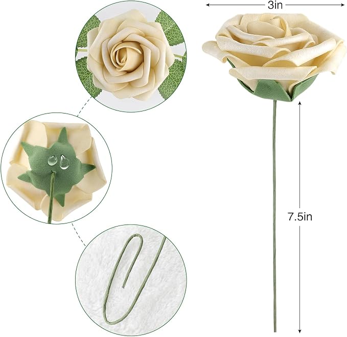 AmyHomie 25pcs Real Looking Artificial Beige Roses w/Stem - Image 6