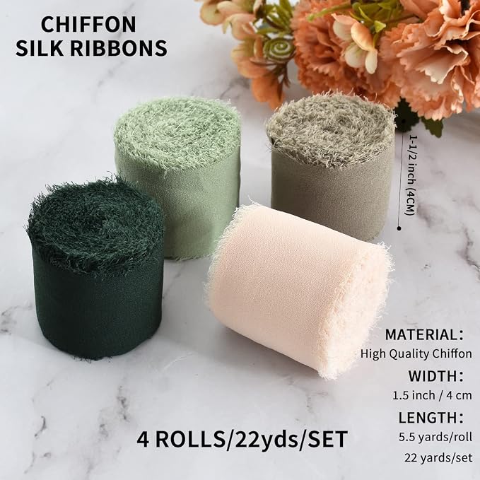 TONIFUL 4 Rolls Silk Chiffon Ribbon, 1-1/2 Inch x 22yds, Sage Green Chiffon - Image 2