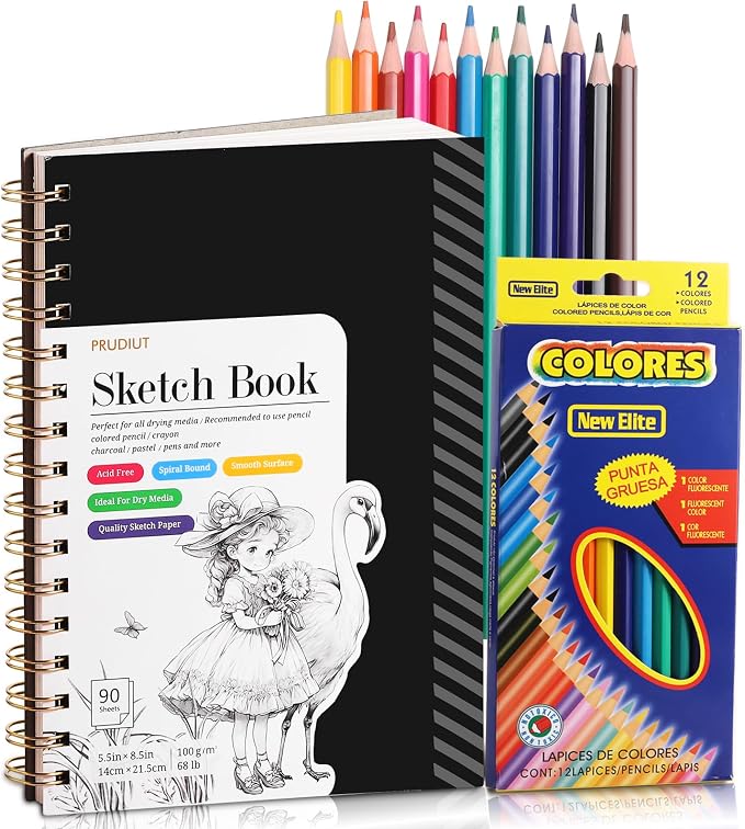 Sketch Book with 12 Color Pencil Set, 90 Sheets Spiral Sketchbook by Prudiut