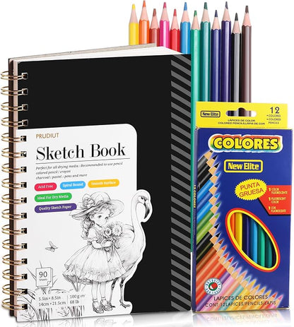 Sketch Book with 12 Color Pencil Set, 90 Sheets Spiral Sketchbook by Prudiut