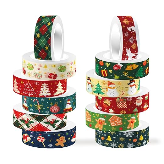 12 Rolls Christmas Washi Tapes Christmas Tree Snowman Snowflakes Gingerbread by Unknown