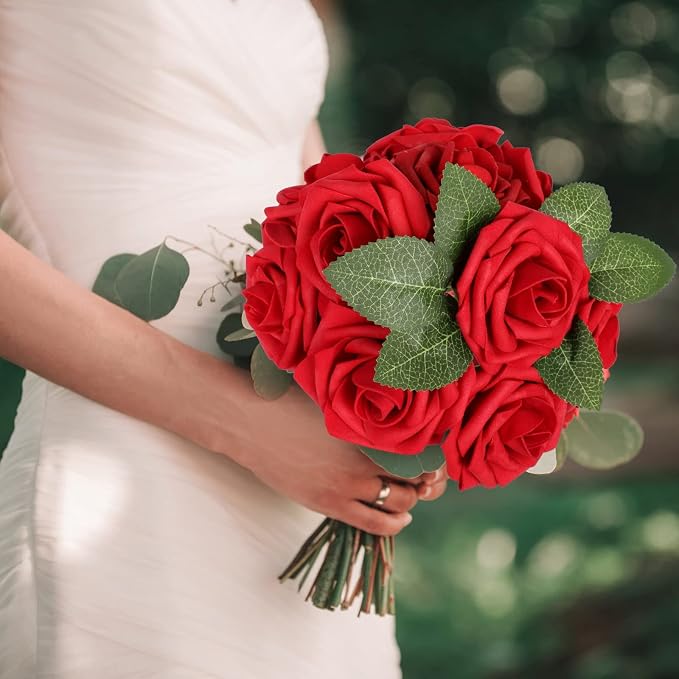 AmyHomie Artificial Flowers Dark Red Rose 100pcs Real Looking Fake Roses w/Stem - Image 2