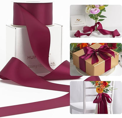 HUIHUANG Wine Red Ribbon 2 inch Wide Double Face Satin Ribbon Maroon Fabric by HUIHUANG