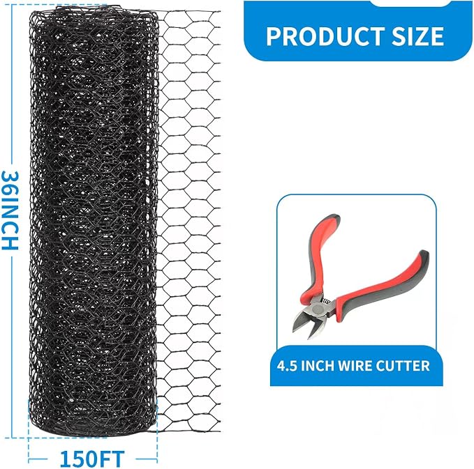 36'' x 150' Black Chicken Wire Mesh Fence, 20 Gauge Galvanized Poultry Netting - Image 2