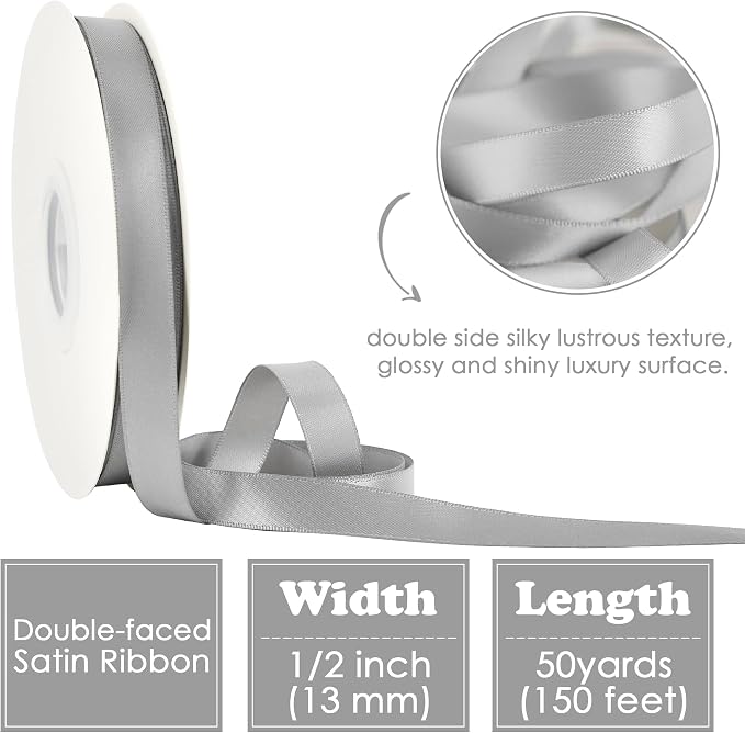 HUIHUANG Silver Ribbon 1/2 inch Continuous 50 Yards Silver Double-Faced Satin - Image 2