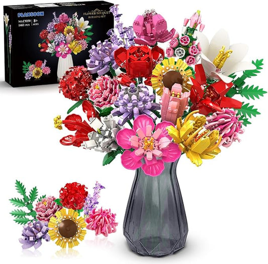 Flower Bouquet Building Set, 18 Flowers Rose Sunflower Home Plant Decor by PLAXSOON