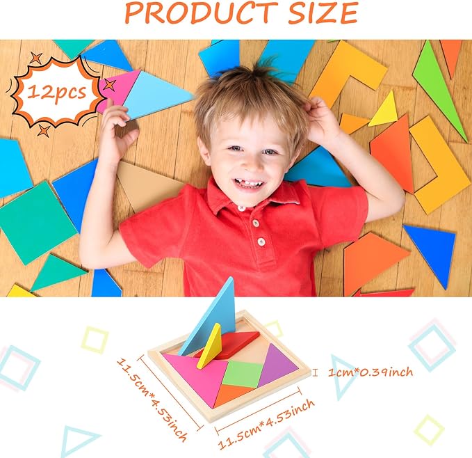 Meooeck 12 Pack Tangrams Wooden Puzzles Tangrams Classroom Set - Image 2