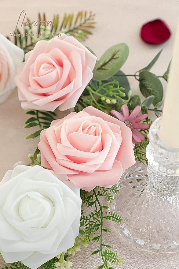 Floroom Artificial Flowers 25pcs Real Looking Blush Ombre Colors Foam Fake Roses - Image 5