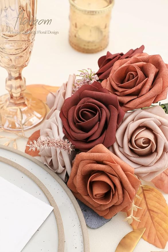 Floroom Artificial Flowers 25pcs Real Looking Terracotta Ombre Colors Foam Fake - Image 5