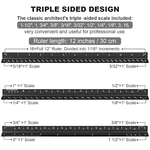 Architectural Scale Ruler Set, 2 Pack 12 Inch Aluminum Architect Ruler - Image 2