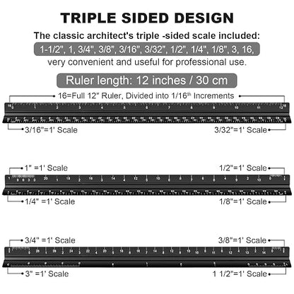 Architectural Scale Ruler Set, 2 Pack 12 Inch Aluminum Architect Ruler - Image 2