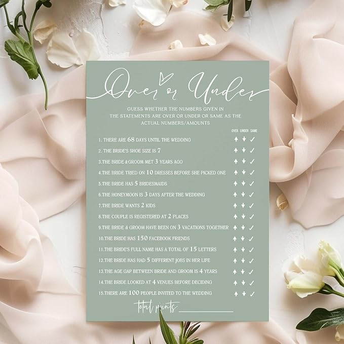 Bridal Shower Games Cards, Guess Over or Under, 25 Guests, Engagement Party - Image 3