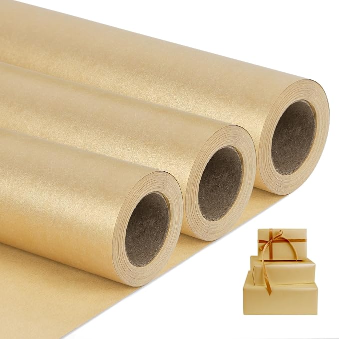 NESCCI Gold Matte Wrapping Paper, Solid Color Pearly-Lustre Paper-3 Roll by NESCCI