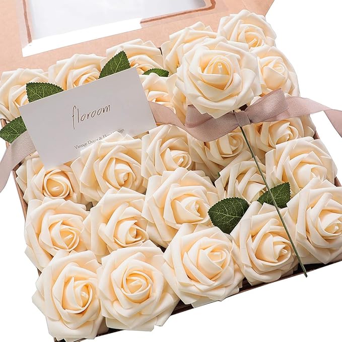 Floroom Artificial Flowers 50pcs Real Looking Champagne Foam Fake Roses by Floroom