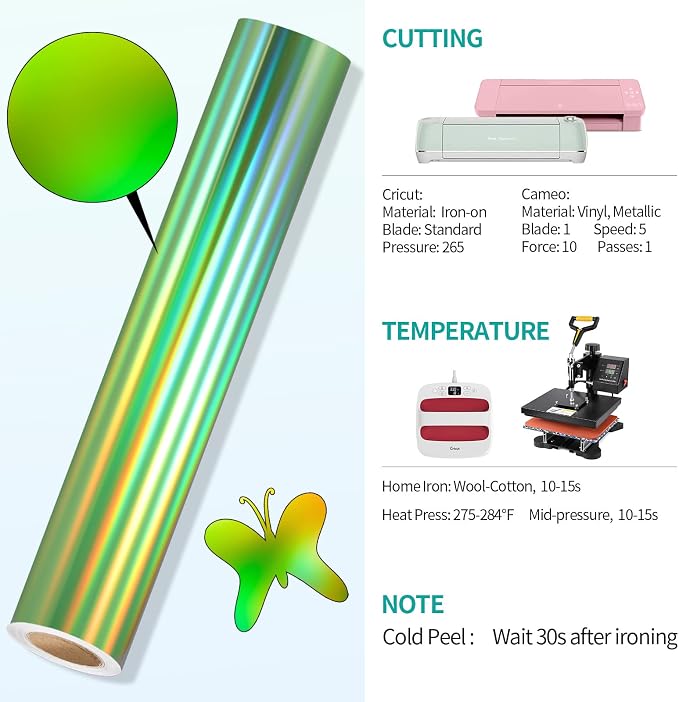 VINYL FROG Holographic HTV Vinyl Roll 12" x5ft Green Metallic Heat Transfer - Image 7