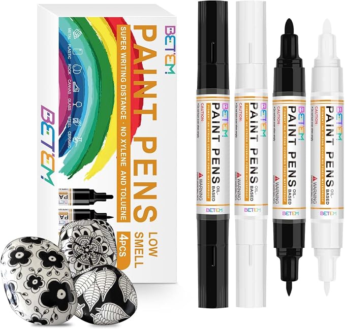 Betem 4 Count Dual Tip Oil Based White Black Paint Markers Pens, Permanent by BetemArtWorld