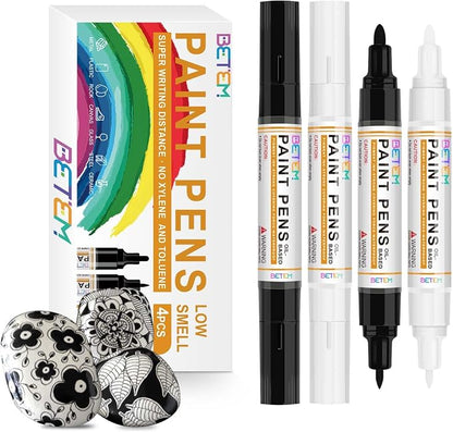 Betem 4 Count Dual Tip Oil Based White Black Paint Markers Pens, Permanent by BetemArtWorld
