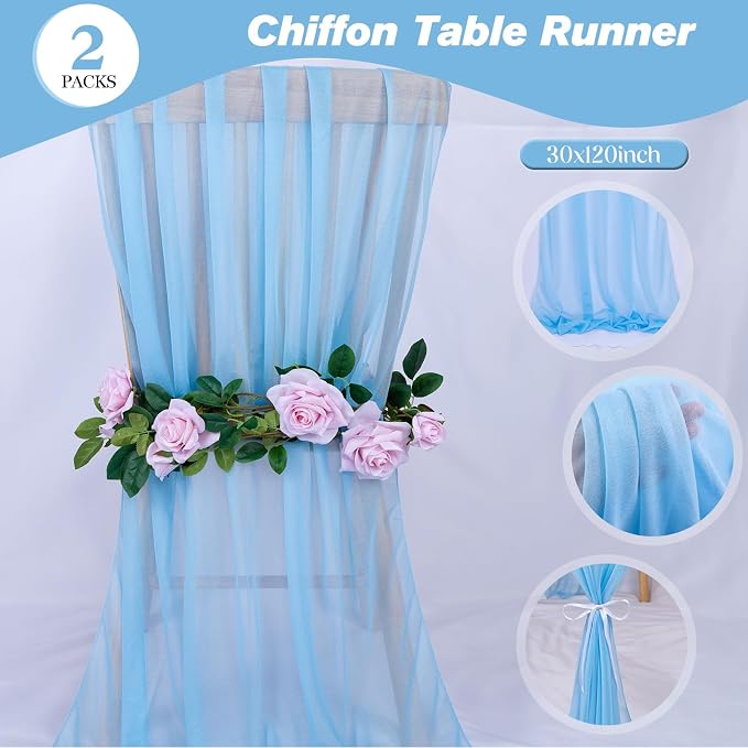 2 Packs 30 x 120 Inches Baby Blue Chiffon Table Runner 10ft Boho Gauze Table - Image 4